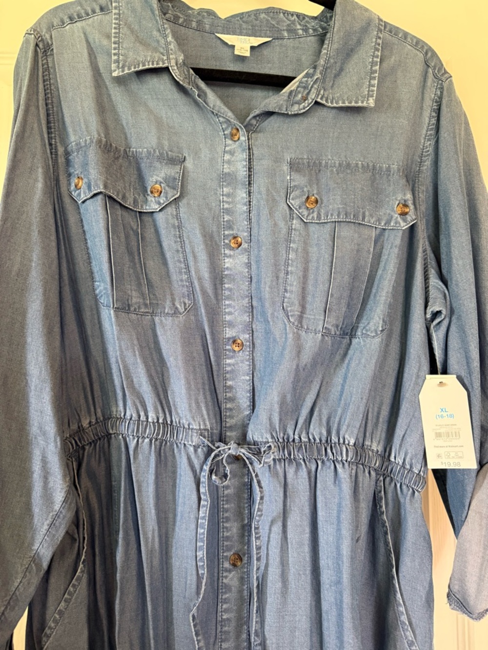 Light Blue Denim Shirt Dress with Drawstring Waist - Picture 3 of 8